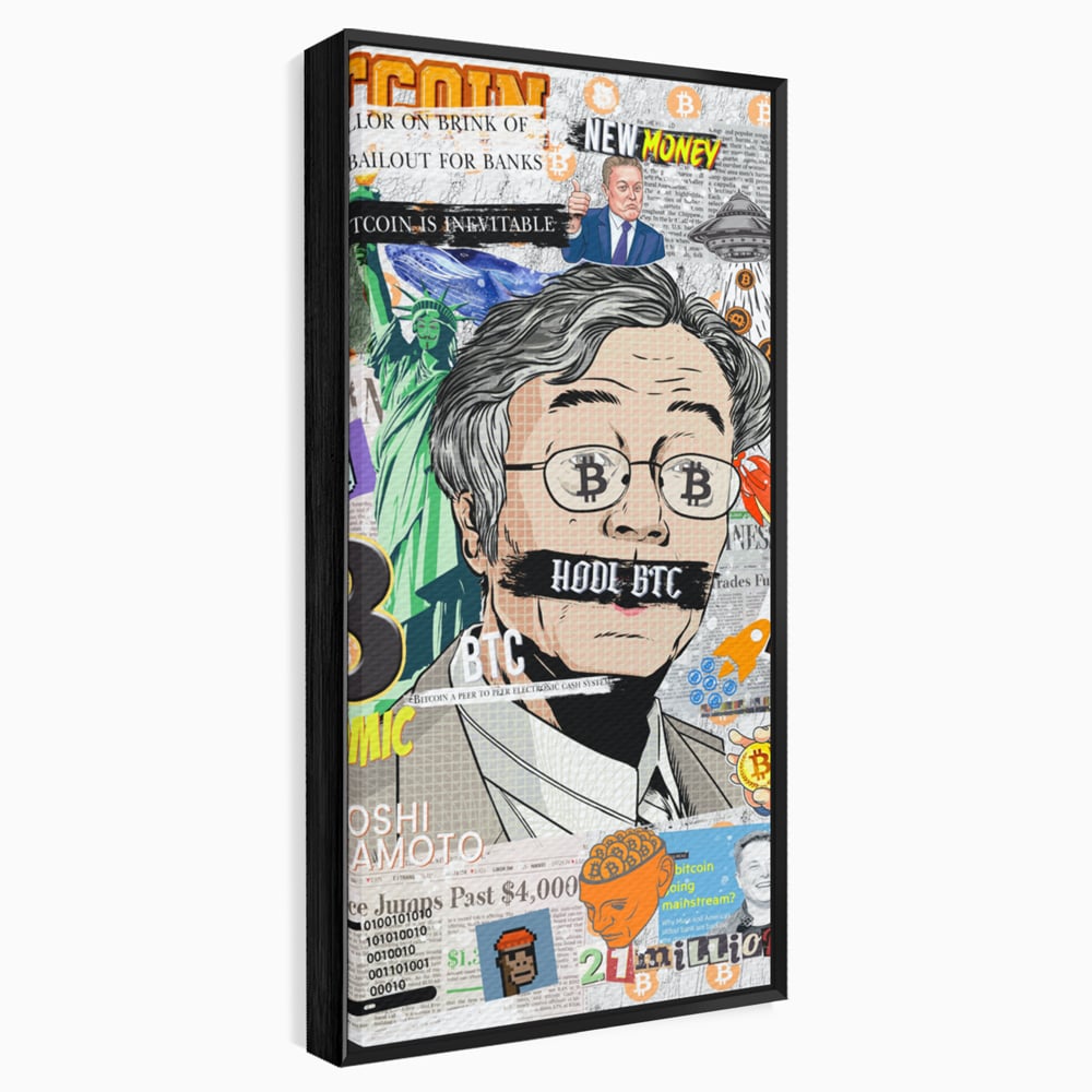 Tablou canvas cu tablou canvas cu portret stilizat bitcoin si satoshi, in rama de aluminiu negru